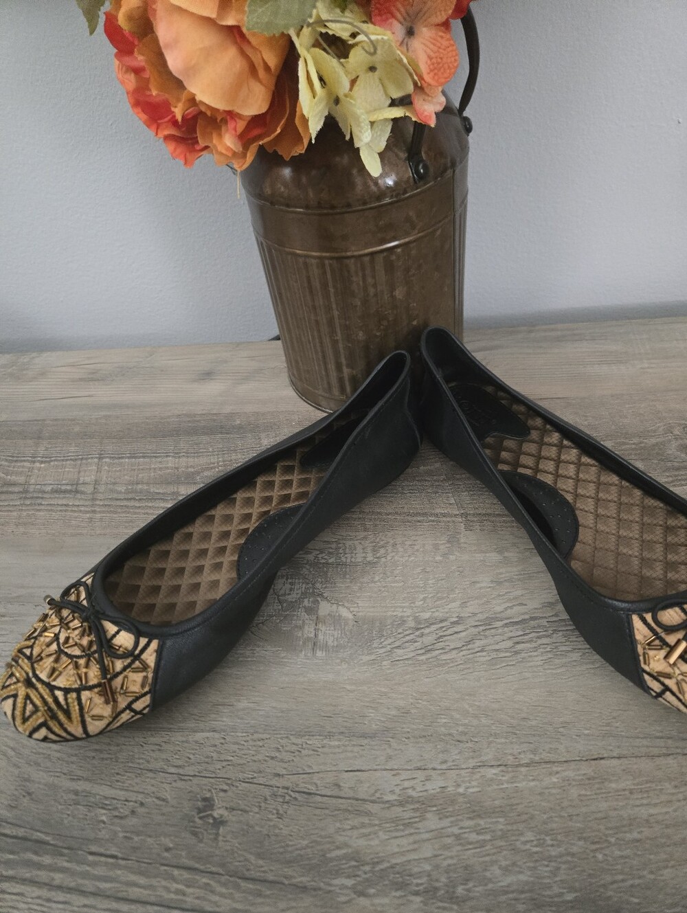 Born Black Flats with Gold Patterned Toe Cap - Picture 7 of 7